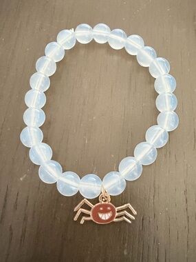 Opalescent Beaded Bracelet with Spider Charm Handmade Stretch Novelty Jewelry